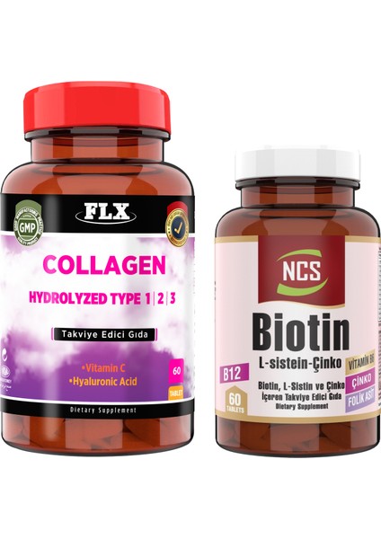 Collagen Kollajen Tip 1-2-3 Hyaluronik Asit Vitamin C 60 Tablet+Biotin 60 Tablet