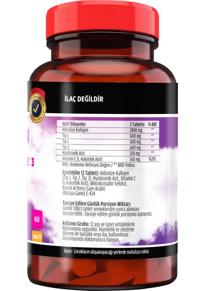 Collagen Kollajen Tip 1-2-3 Hyaluronik Asit Vitamin C 60 Tablet+Biotin 60 Tablet