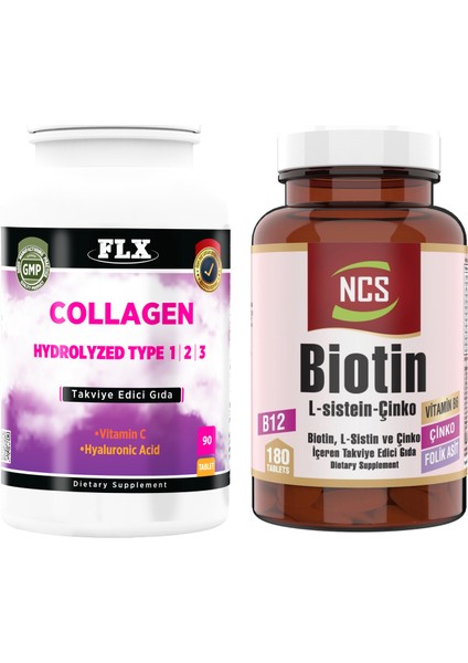 Collagen Kollajen Tip 1-2-3 Hyaluronik Asit Vitamin C 90 Tablet+Biotin 180 Tablet