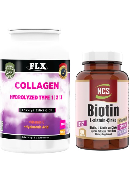 Collagen Kollajen Tip 1-2-3 Hyaluronik Asit Vitamin C 180 Tablet+Biotin 60 Tablet