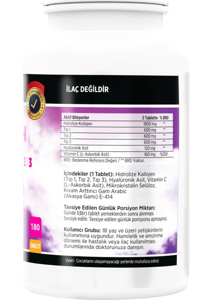 Collagen Kollajen Tip 1-2-3 Hyaluronik Asit Vitamin C 180 Tablet+Biotin 60 Tablet