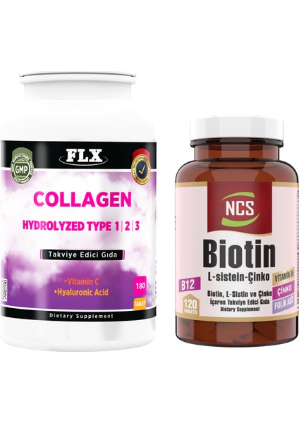 Collagen Kollajen Tip 1-2-3 Hyaluronik Asit Vitamin C 180 Tablet+Biotin 120 Tablet