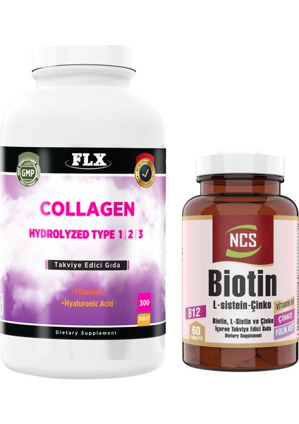 Collagen Kollajen Tip 1-2-3 Hyaluronik Asit Vitamin C 300 Tablet+Biotin 60 Tablet