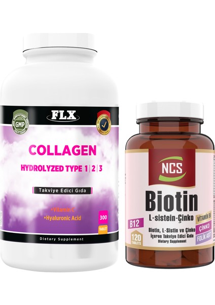 Collagen Kollajen Tip 1-2-3 Hyaluronik Asit Vitamin C 300 Tablet+Biotin 120 Tablet