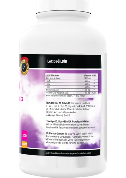 Collagen Kollajen Tip 1-2-3 Hyaluronik Asit Vitamin C 300 Tablet+Biotin 120 Tablet