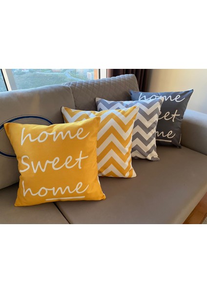 Home Sweet Home Yazılı ve Zigzag Desenli Dekoratif 4'lü Kombin Kırlent Kılıfı Seti