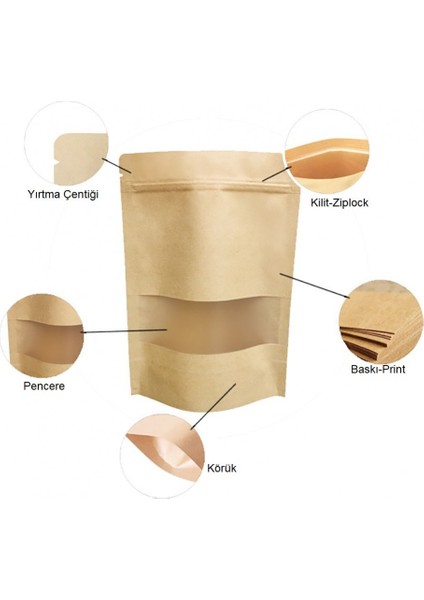 Kraft Pencereli Kilitli Doypack 13 x 22.5 x 7 ( 25 Adet )