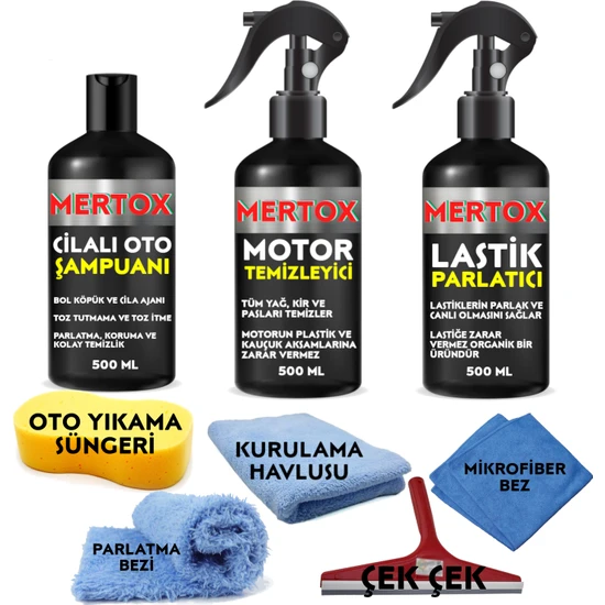 Mertox Otomobil Araç Araba Oto Temizlik ve Bakım Seti Oto Şampuanı+Motor+Lastik Parlatıcı 3X500ML Temizleme Solüsyon Bakım