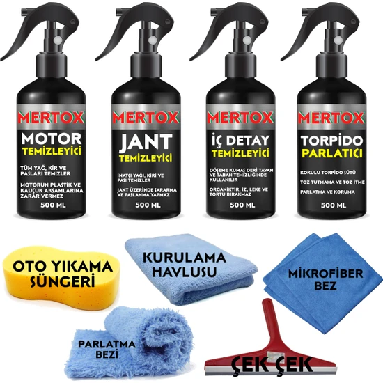 Mertox Otomobil Araç Araba Oto Temizlik ve Bakım Seti Motor Jant Iç Detay Temizleyici ve Torpido Parlatıcı Süt 4X500ML