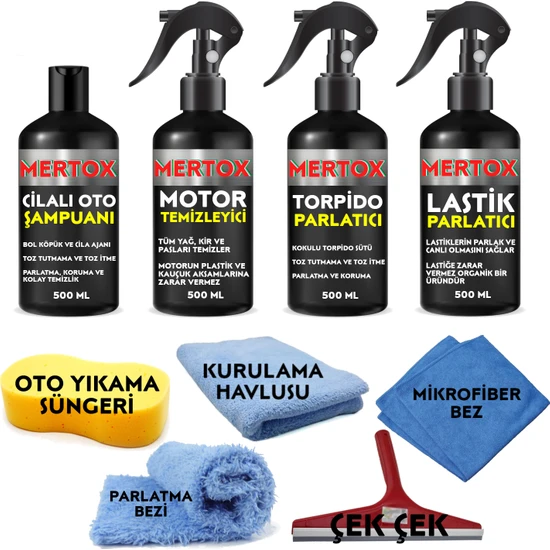 Mertox Otomobil Araç Araba Oto Temizlik ve Bakım Seti Oto Şampuanı Motor Temizleyici Torpido Parlatıcı Süt ve Lastik Parlatıcı 4X500ML