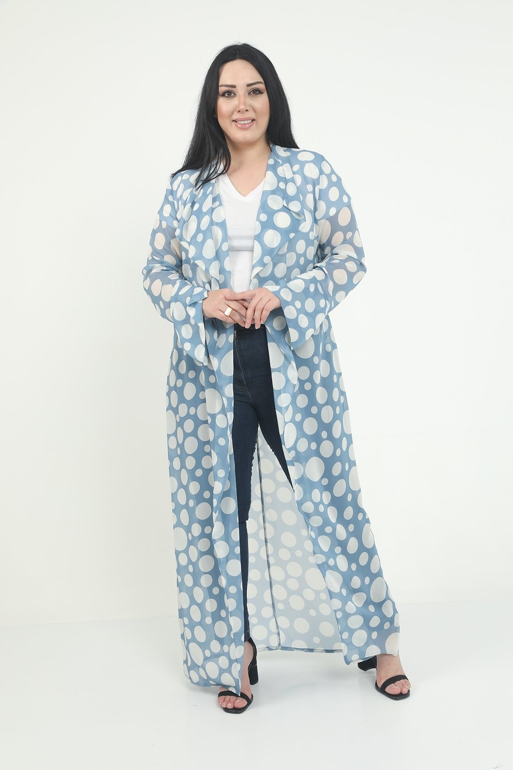Disentis Modest Büyük Beden Mendil Yaka Puanlı Kolları Yırtmaç Detaylı Uzun Mavi Kimono&kaftan