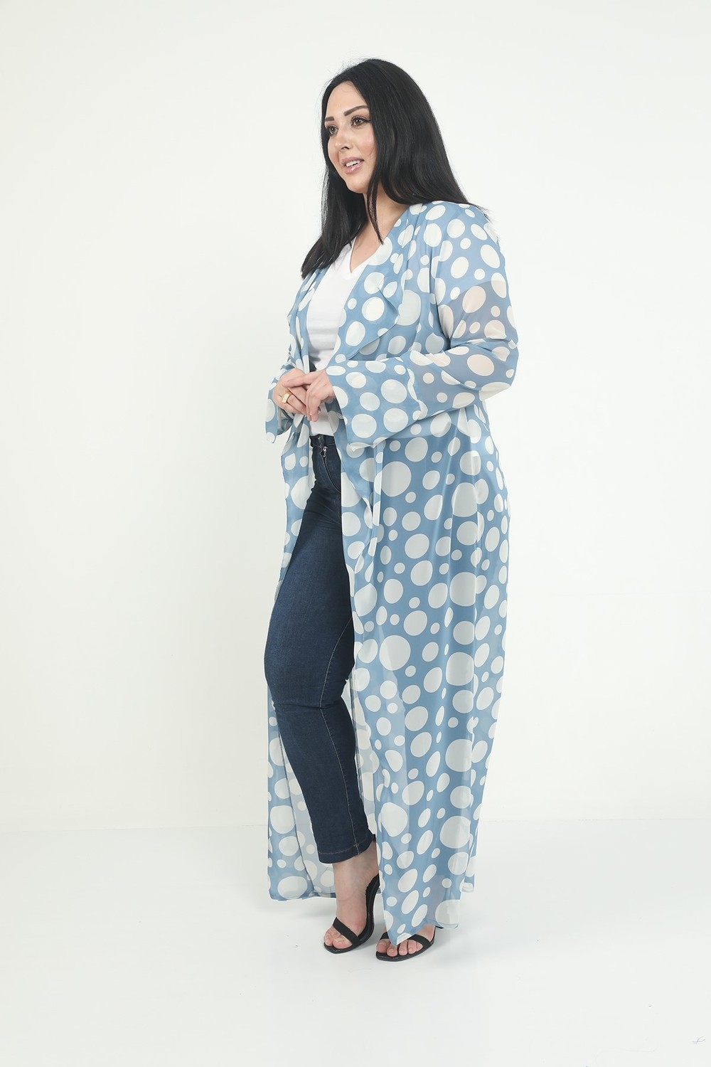 Disentis Modest Büyük Beden Mendil Yaka Puanlı Kolları Yırtmaç Detaylı Uzun Mavi Kimono&kaftan görsel 2
