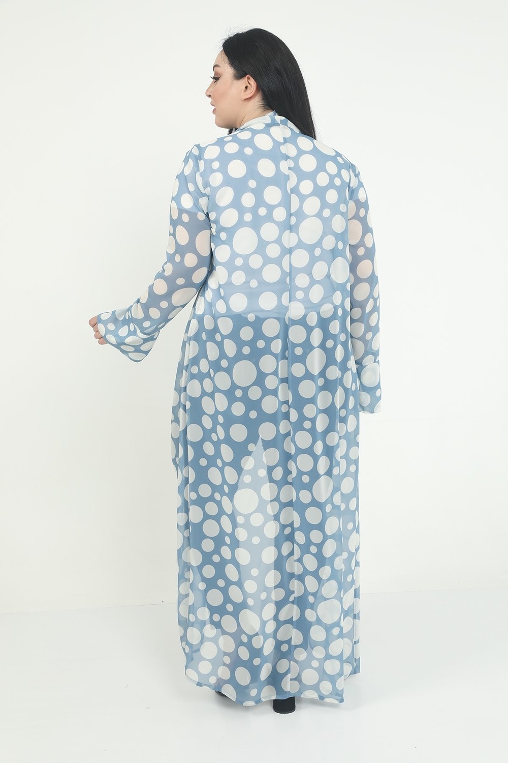 Disentis Modest Büyük Beden Mendil Yaka Puanlı Kolları Yırtmaç Detaylı Uzun Mavi Kimono&kaftan görsel 3