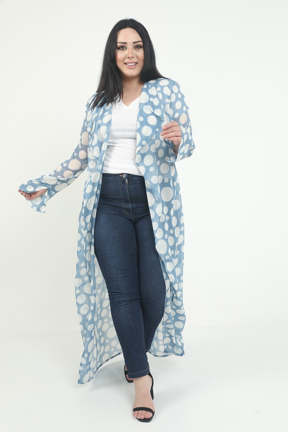 Disentis Modest Büyük Beden Mendil Yaka Puanlı Kolları Yırtmaç Detaylı Uzun Mavi Kimono&kaftan görsel 4