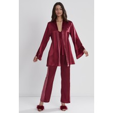 Pierre Cardin 2040 Kadın Kadife Saten 3'lü Pijama Takım - Bordo