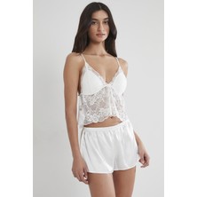 Pierre Cardin 450 Kadın Saten Dantelli Pijama Şort - Ekru