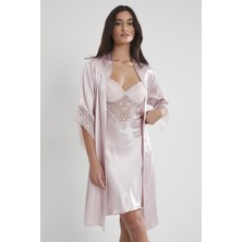 Pierre Cardin 4240 Kadın Saten Dantelli Gecelik&sabahlık Takım - Pudra