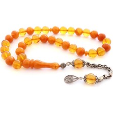 Pigado 925 Ayar Gümüş Püsküllü Küre Kesim Sarı Sıkma Kehribar Tesbih