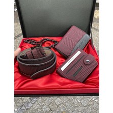 Carlino Bordo Siyah Ekose Desenli Erkek Cüzdan Kemer Kartlıklı Tesbih Şık Seti