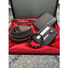 Carlino Kahverengi Ekose Desenli Erkek Cüzdan Kemer Kartlıklı Bileklik ve Tesbih Seti