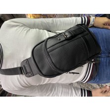 Karalı Deri Full Siyah Erkek Çapraz Göğüs ve Omuz Çantası Body Bag Çantası