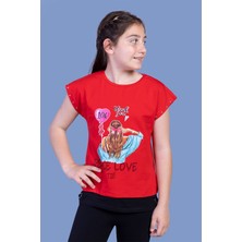 Toontoy Kids Toontoy Kız Çocuk Garni Detaylı Taş Işlemeli Baskılı Tişört
