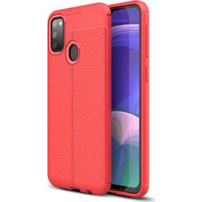 Case 4U Samsung Galaxy M21 Kılıf Rugan Armor Deri Görünümlü Yüksek Kalite Silikon Niss Kırmızı