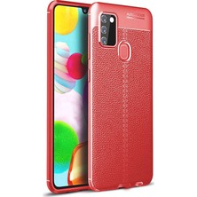 Case 4U Samsung Galaxy A21S Kılıf Rugan Armor Deri Görünümlü Yüksek Kalite Silikon Niss Kırmızı