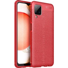 Case 4U Samsung Galaxy A12 Kılıf Rugan Armor Deri Görünümlü Yüksek Kalite Silikon Niss Kırmızı