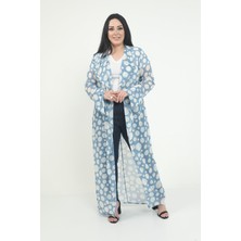 Disentis Modest Büyük Beden Mendil Yaka Puanlı Kolları Yırtmaç Detaylı Uzun Mavi Kimono&kaftan