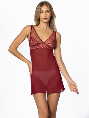 Pierre Cardin 629 Kadın Şifon Dantelli Gecelik - Bordo