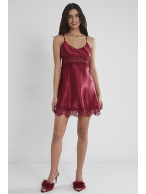 Pierre Cardin 685 Kadın Saten Dantelli Gecelik - Bordo