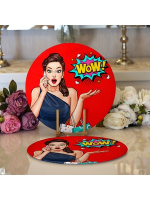 RealHomes 2'li Kırmızı Zeminli Popart Wow Desenli Modern Yuvarlak Servis Altlığı - Supla