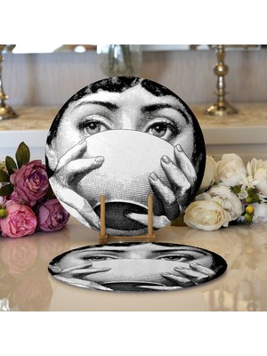 RealHomes 2'li Fornasetti Özel Tasarım Dijital Baskılı Modern Yuvarlak Servis Altlığı - Supla