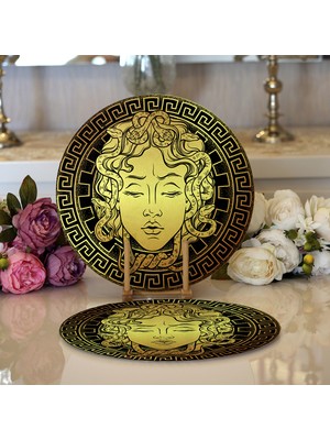 RealHomes 2'li Özel Tasarım Siyah Zeminde Gold Medusa Modern Yuvarlak Servis Altlığı - Supla