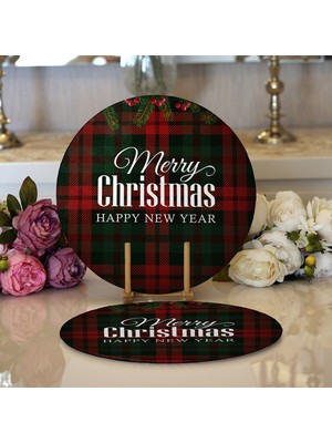 Realhomes 2'li Ekose Zeminde Merry Christmas Dijital Baskılı Modern Yuvarlak Servis Altlığı - Supla