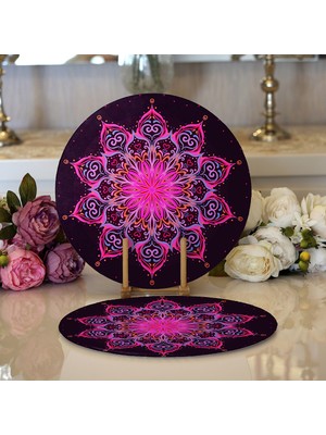 Realhomes 2'li Siyah Zeminde Pembe Neon Mandala Desenli Modern Yuvarlak Servis Altlığı - Supla