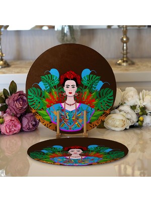Realhomes 2'li Kahverengi Zeminde Özel Tasarım Frida Kahlo Dijital Baskılı Modern Yuvarlak Servis Altlığı - Supla