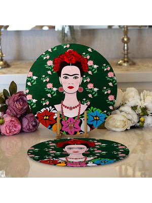 Realhomes 2'li Yeşil Zeminde Frida Kahlo Motifli Özel Tasarım Modern Yuvarlak Servis Altlığı - Supla