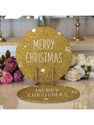 Realhomes 2'li Gold Zeminde Merry Christmas Yazılı Dijital Baskılı Modern Yuvarlak Servis Altlığı - Supla