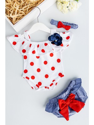 Babymod Puantiye Desenli Bandanalı Kız Bebek Tulum Takım