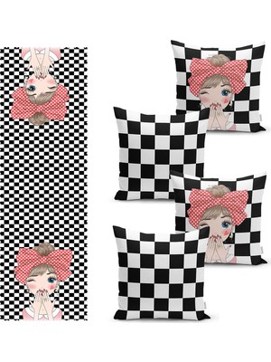 Real Homes Dama Zeminli Fashion Girl Tasarımlı 4 Kırlent Kılıfı ve 1 Runner Seti