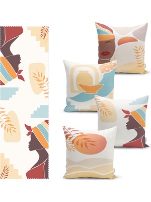 Real Homes Soyut Etnik African Motifli 4 Kırlent Kılıfı ve 1 Runner Seti