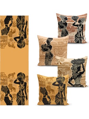 Real Homes African Women Girl Motifli 4 Kırlent Kılıfı ve 1 Runner Seti