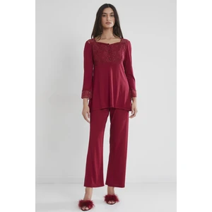 Pierre Cardin 1241 Kadın Penye Dantelli Pijama Takımı - Bordo
