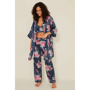 045 Kadın Desenli Saten 3 Lü Pijama Takım Indigo