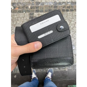 Deri Siyah Desenli Erkek Deri Cüzdan Kemer Kartlık Portföy Hediye Seti