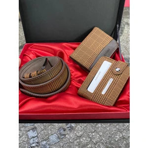 Taba Ekose Desenli Erkek Cüzdan Kemer Kartlıklı Şık Seti