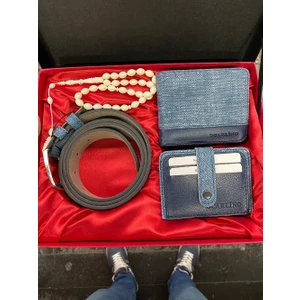 Mavi Erkek Cüzdan Kemer Kartlıklı Kemik Tesbih Şık Seti