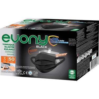 Evony Black 3 Katlı Yumuşak Elastik Kulaklı Siyah 50\'li Cerrahi